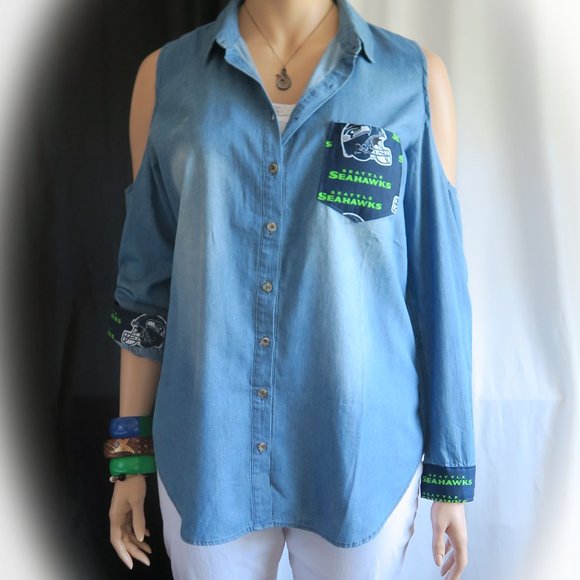 Jacket Top Seahawks Peekaboo Woman's New Embellished Denim Shirt - Picture 8 of 9